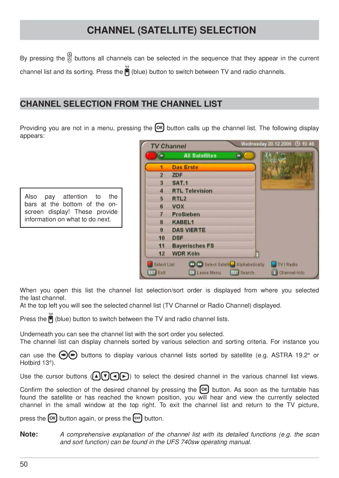 Kathrein CAP 700 manual Channel Satellite Selection, Channel Selection from the Channel List 