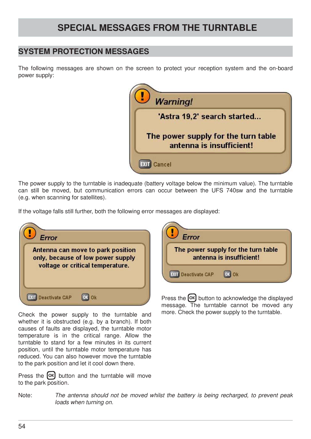 Kathrein CAP 700 manual Special Messages from the Turntable, System Protection Messages 