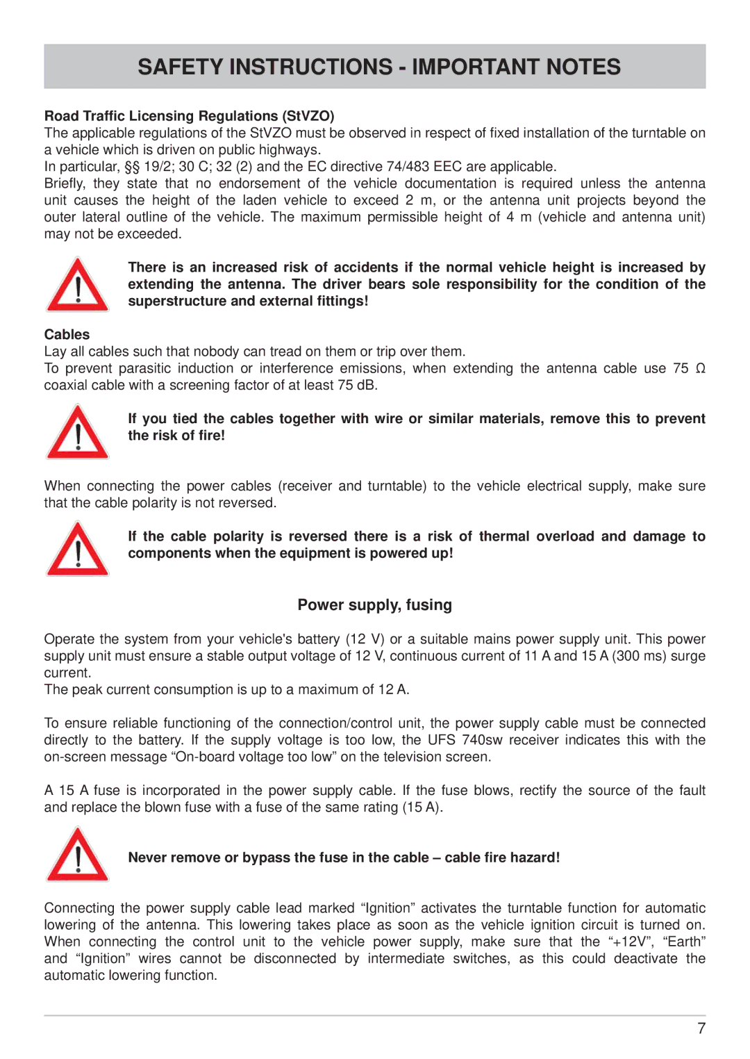 Kathrein CAP 700 manual Power supply, fusing, Road Trafﬁc Licensing Regulations StVZO 