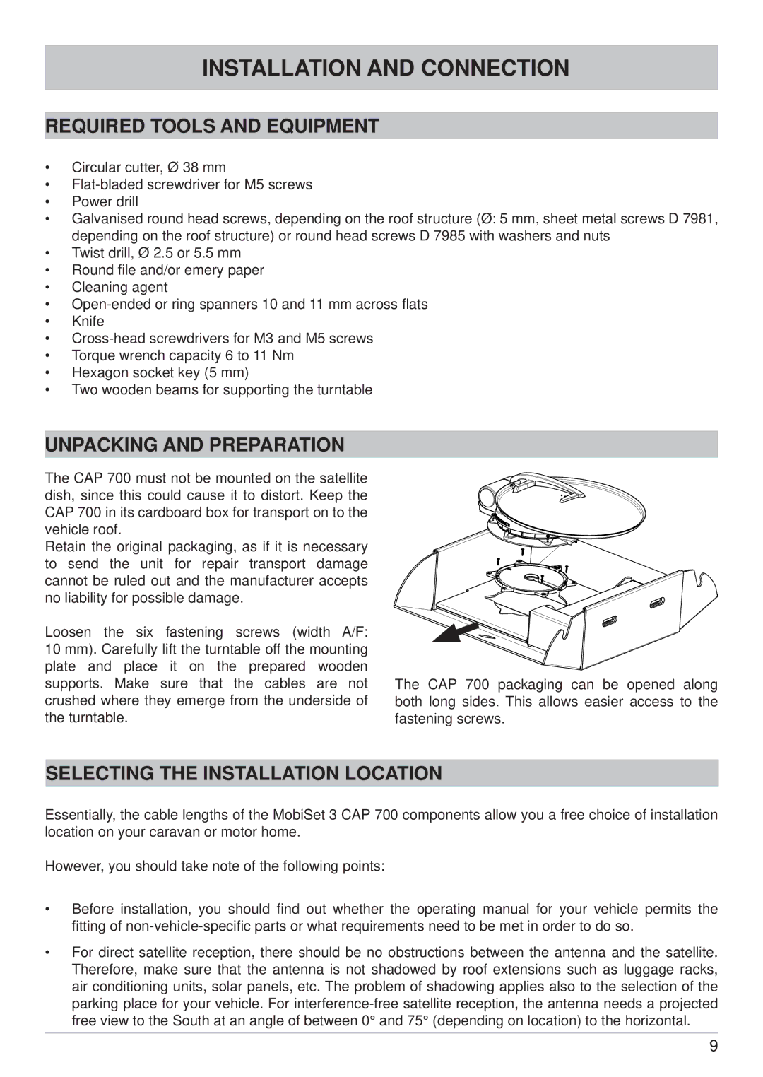 Kathrein CAP 700 manual Installation and Connection, Required Tools and Equipment, Unpacking and Preparation 