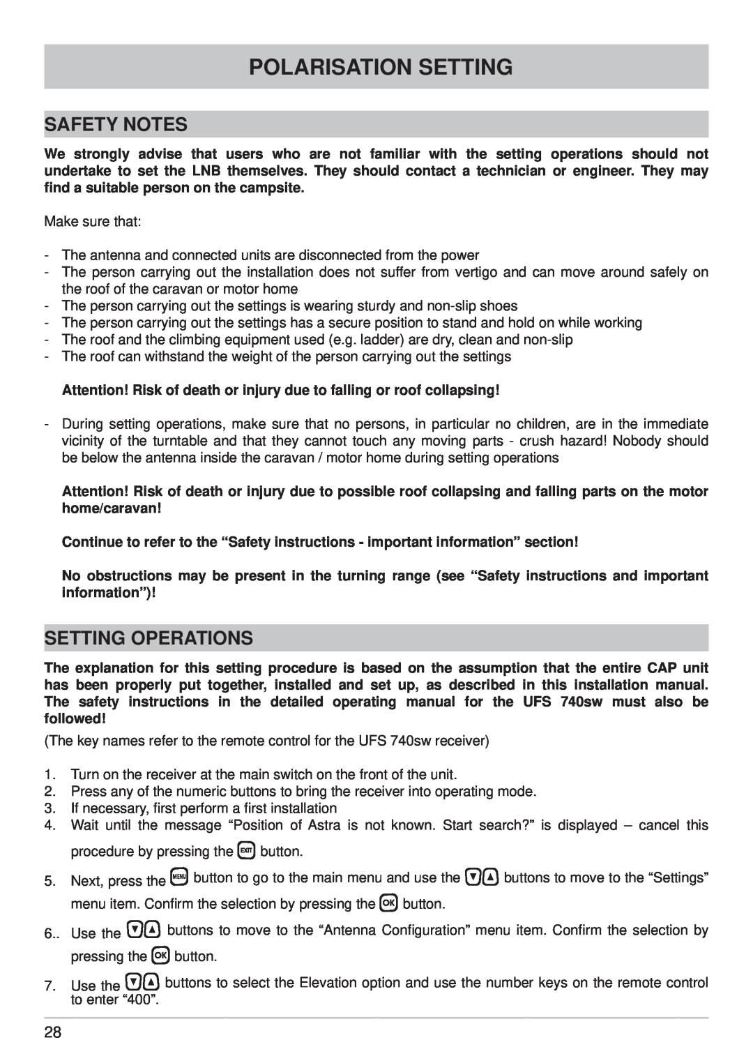Kathrein CAP 700 manual Polarisation Setting, Safety Notes, Setting Operations 