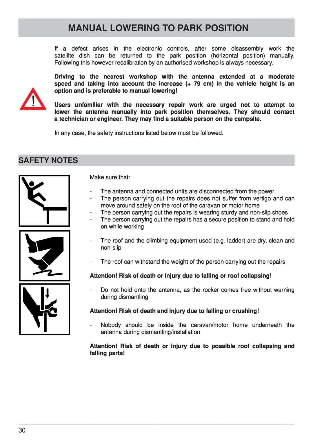 Kathrein CAP 700 manual Manual Lowering To Park Position, Safety Notes 