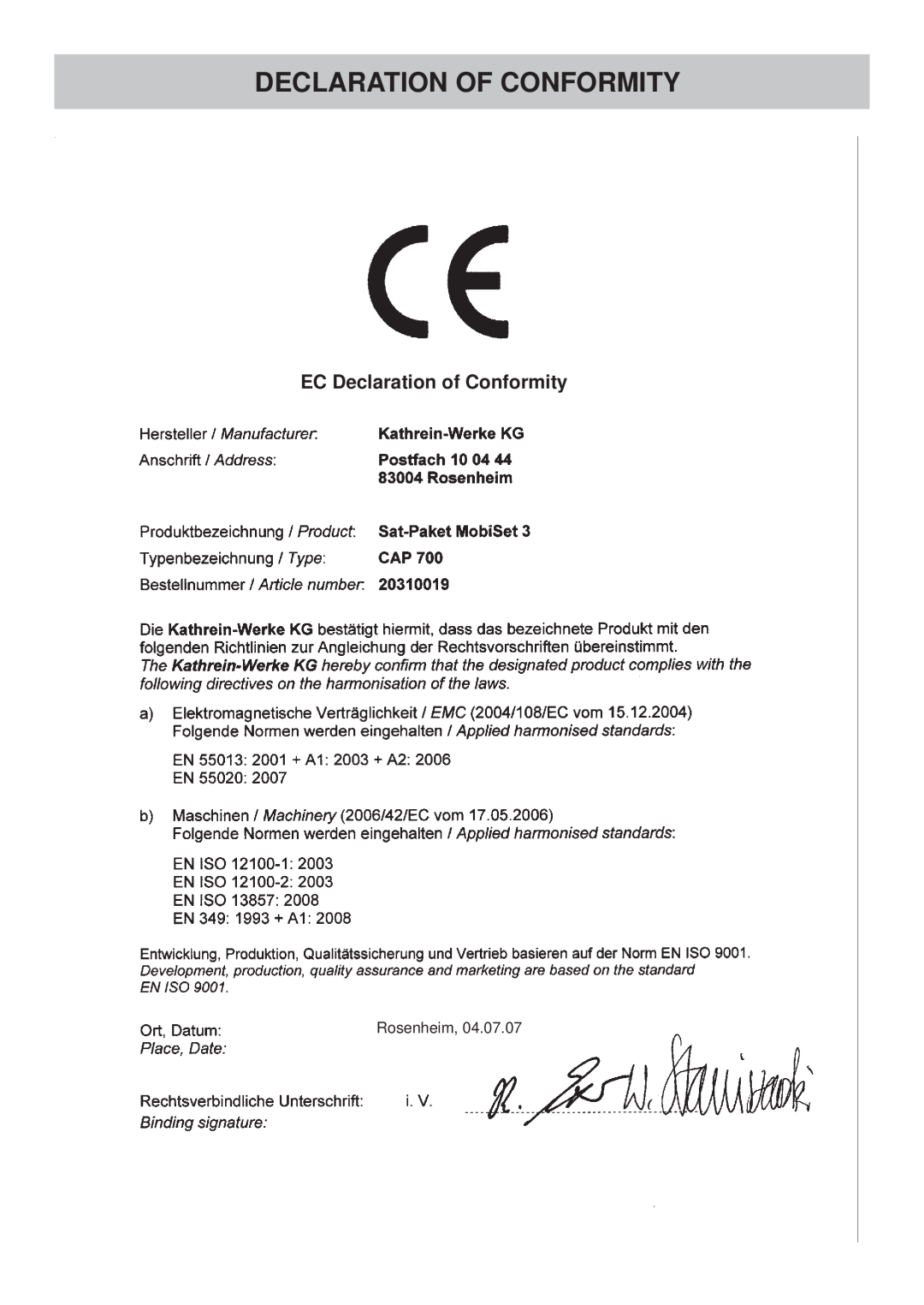 Kathrein CAP 700 manual Declaration Of Conformity, EC Declaration of Conformity, Rosenheim 