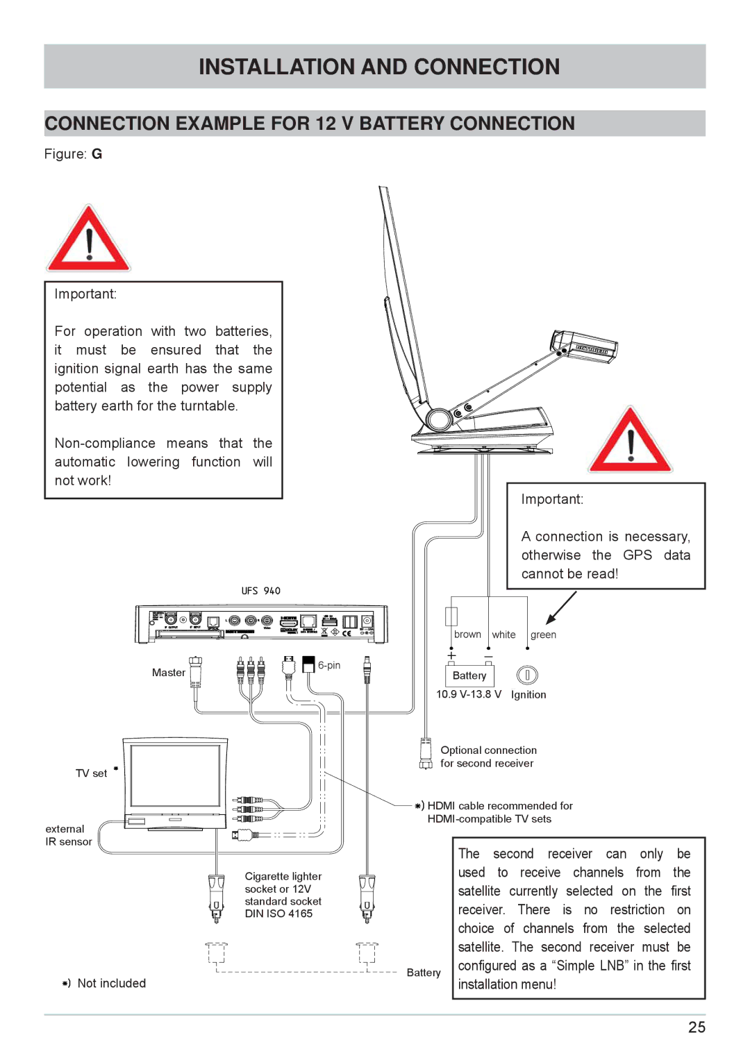 Kathrein cap910 manual Connection Example for 12 V Battery Connection, Receiver. There is no restriction on 