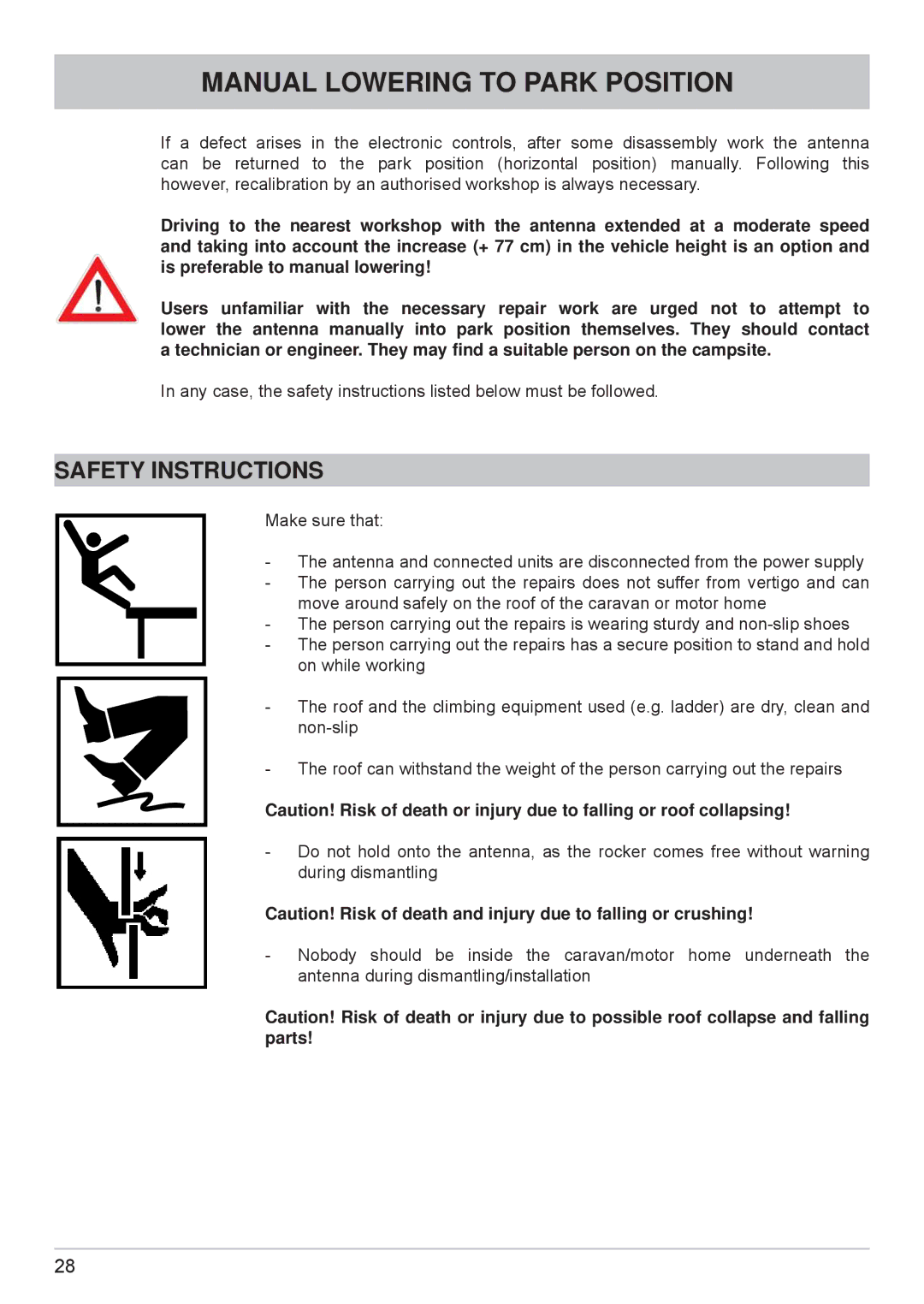 Kathrein cap910 manual Manual Lowering to Park Position, Safety Instructions 