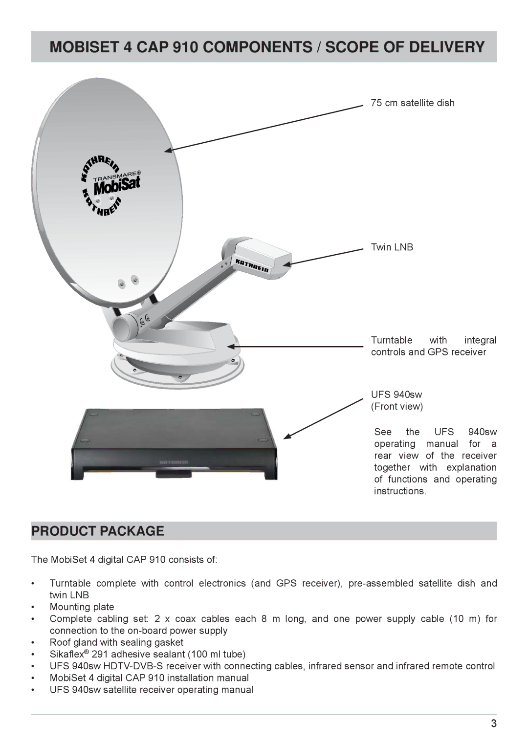 Kathrein cap910 manual Mobiset 4 CAP 910 Components / Scope of Delivery, Product Package 