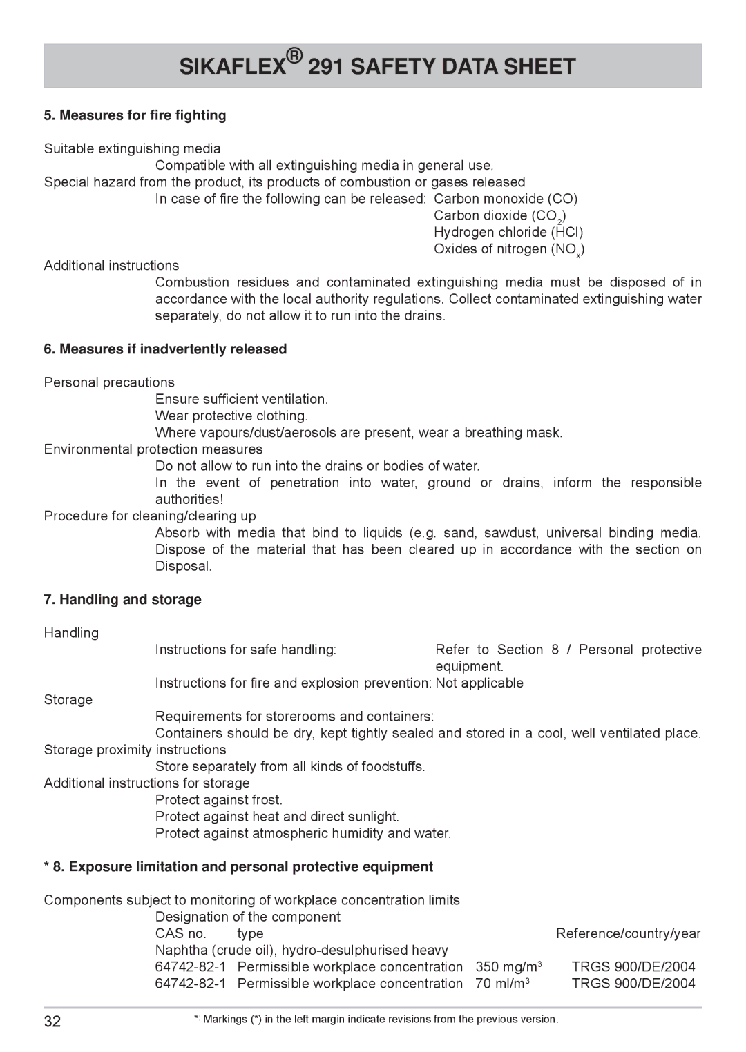 Kathrein cap910 manual Measures for ﬁre ﬁghting, Measures if inadvertently released, Handling and storage 