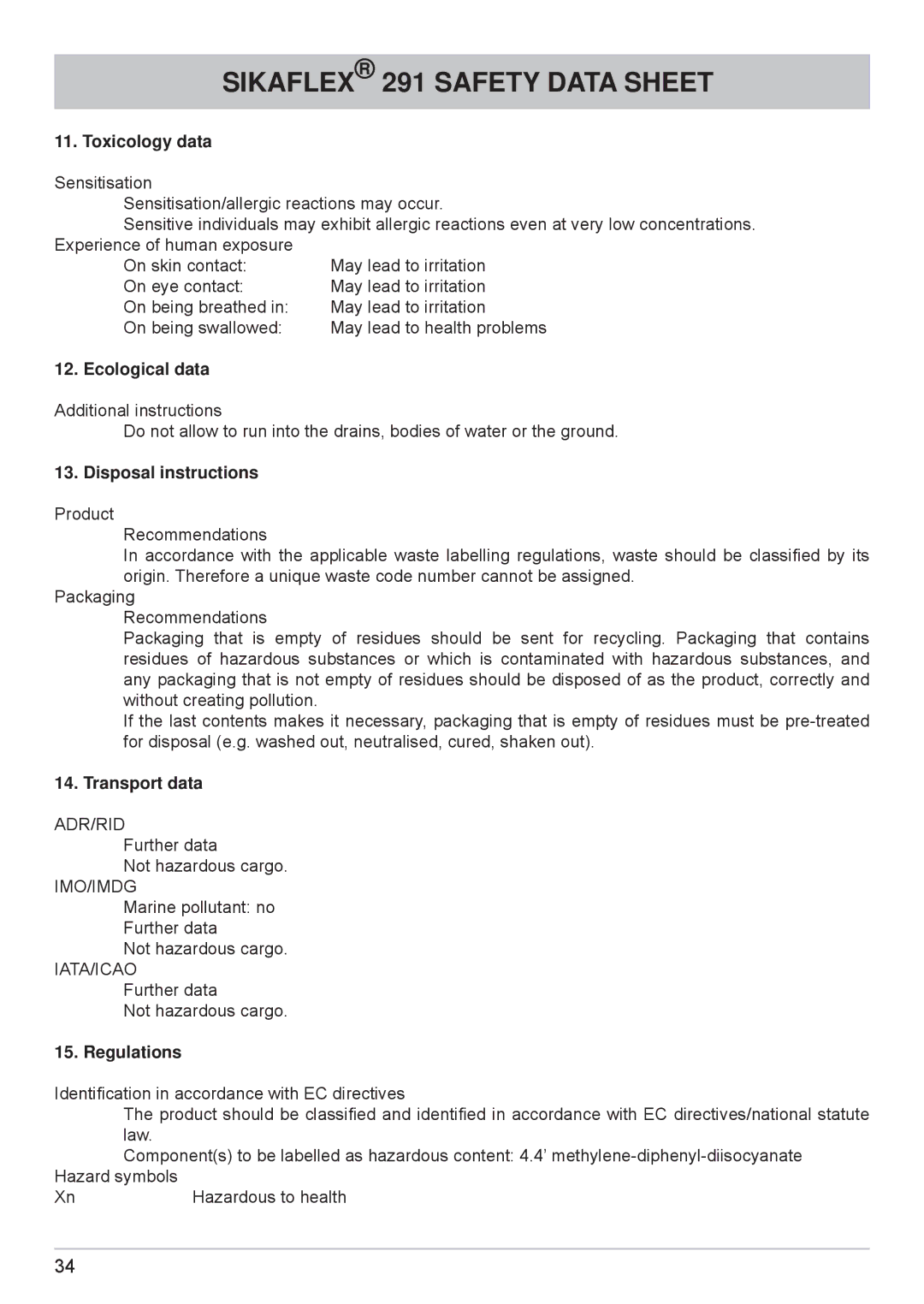 Kathrein cap910 manual Toxicology data Sensitisation, Ecological data, Disposal instructions, Transport data, Regulations 