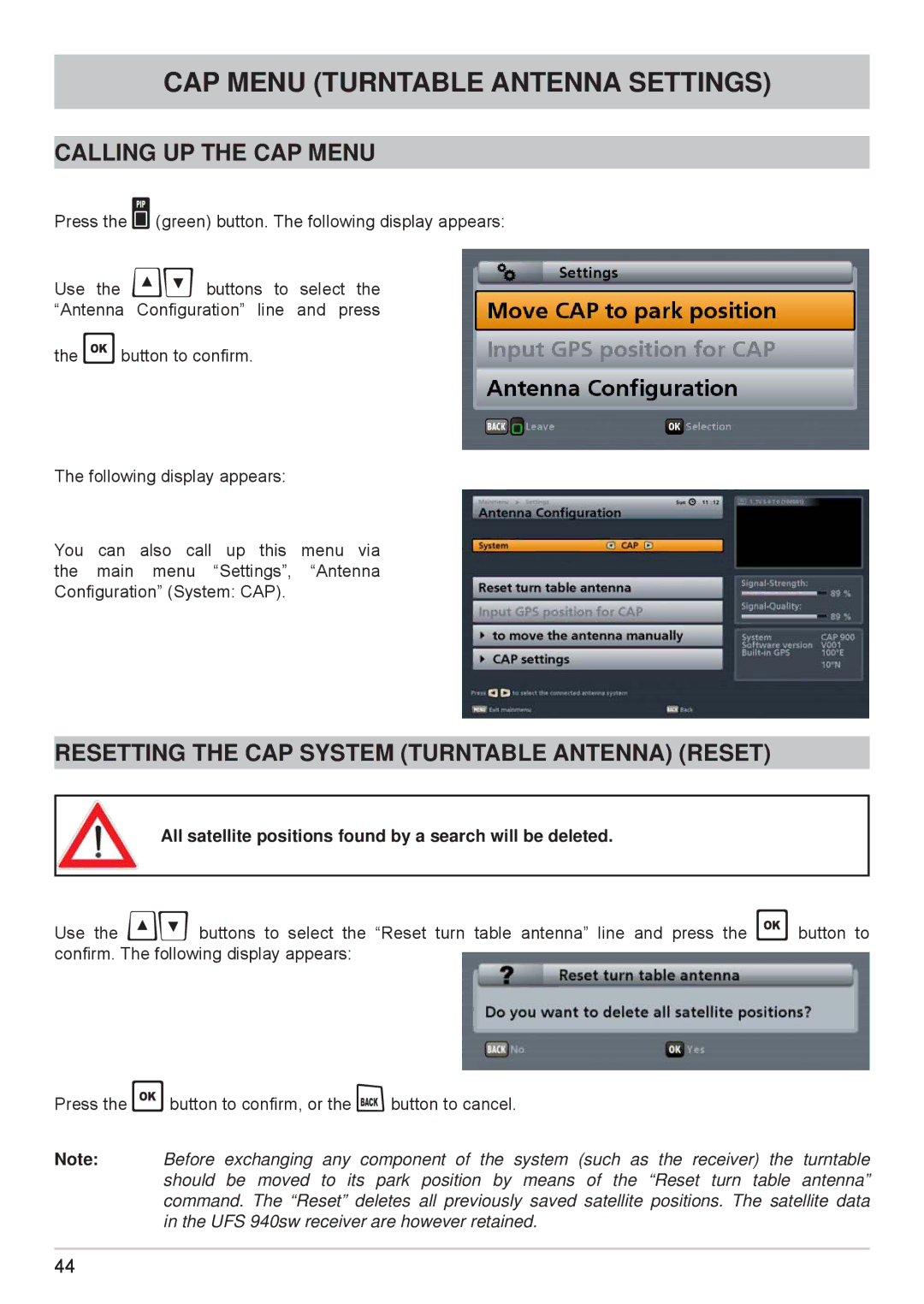 Kathrein cap910 manual CAP Menu Turntable Antenna Settings, Calling UP the CAP Menu 