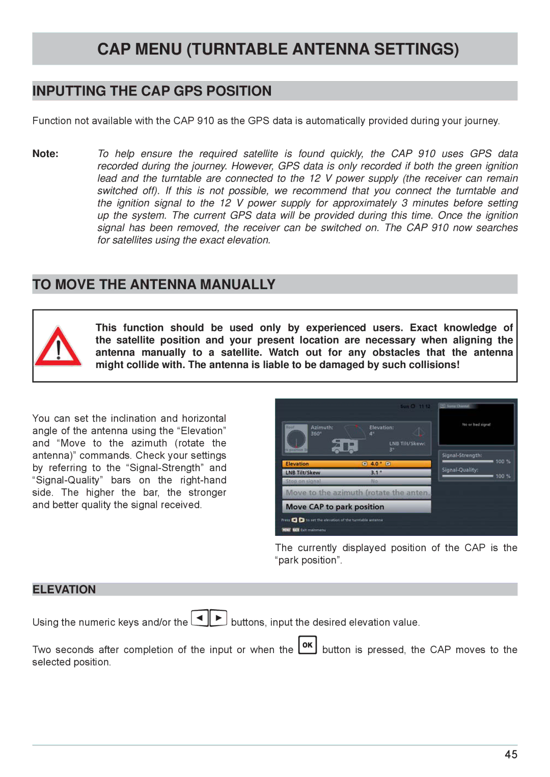 Kathrein cap910 manual Inputting the CAP GPS Position, To Move the Antenna Manually, Elevation 
