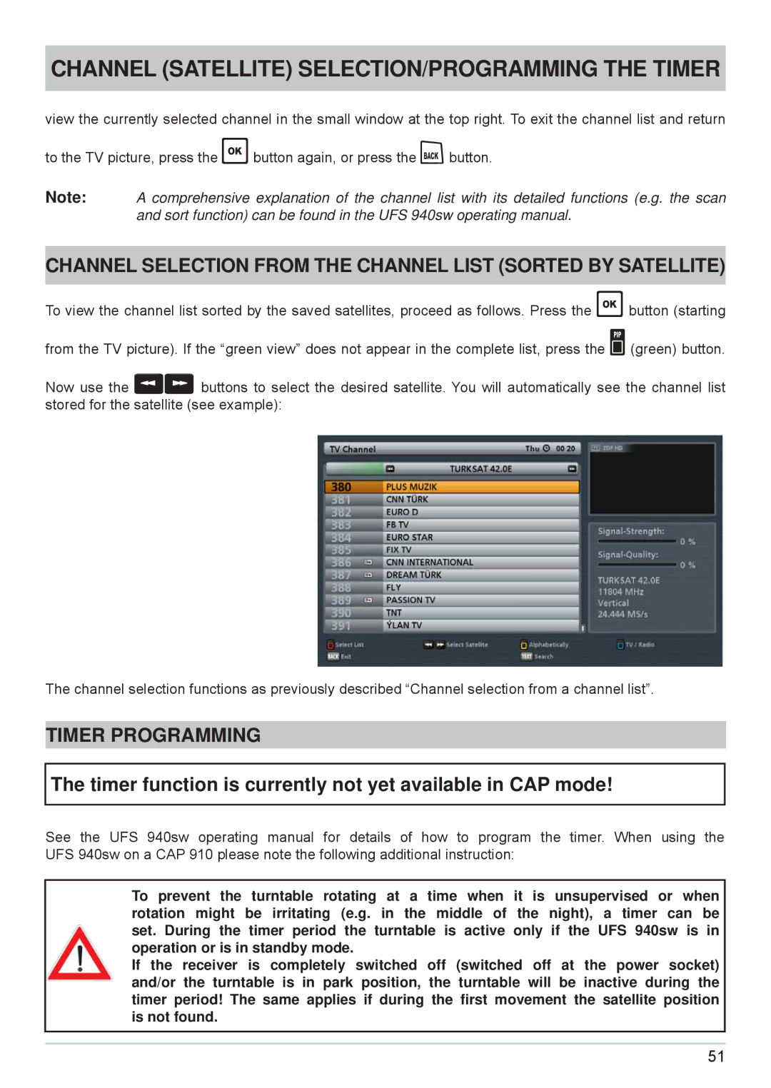 Kathrein cap910 manual Channel Selection from the Channel List Sorted by Satellite, Timer Programming 