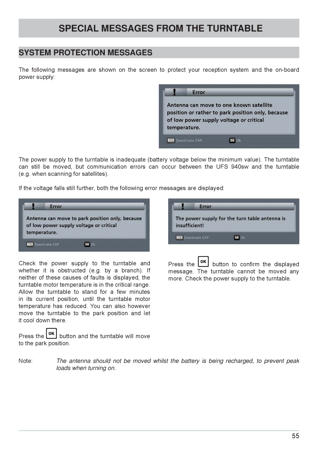 Kathrein cap910 manual Special Messages from the Turntable, System Protection Messages 