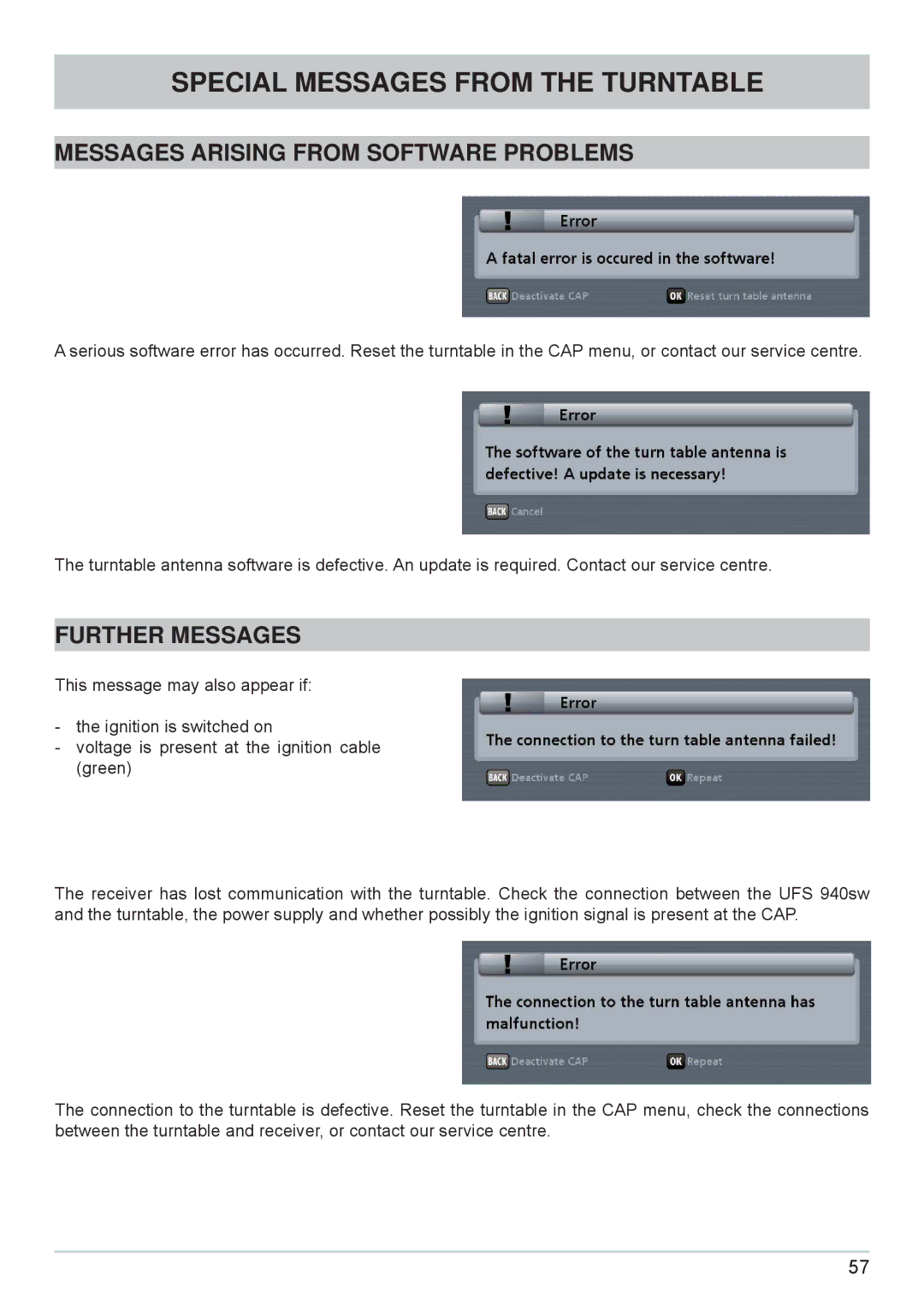 Kathrein cap910 manual Messages Arising from Software Problems, Further Messages 