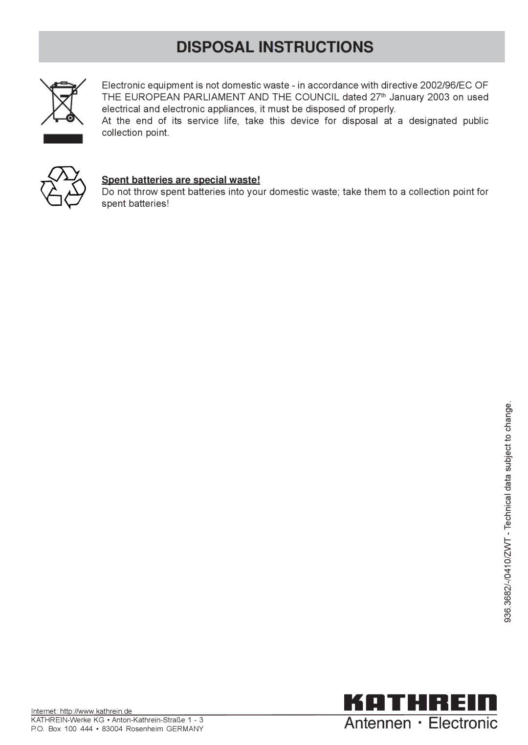 Kathrein cap910 manual Disposal Instructions, Spent batteries are special waste 