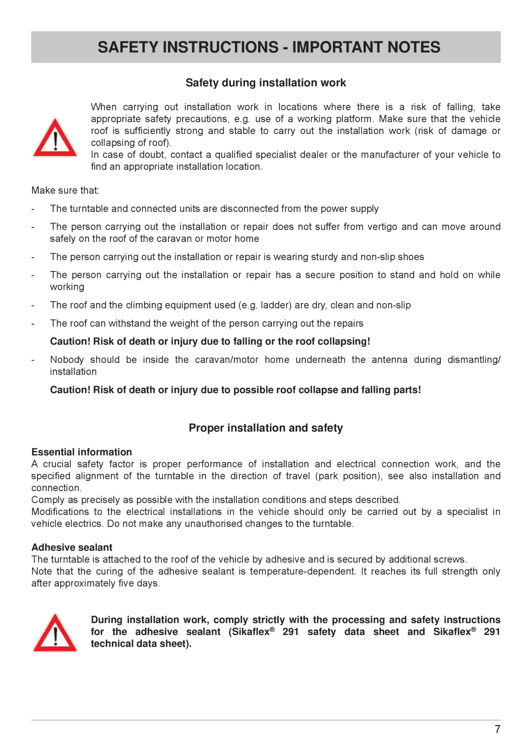 Kathrein cap910 manual Safety Instructions Important Notes, Essential information, Adhesive sealant 