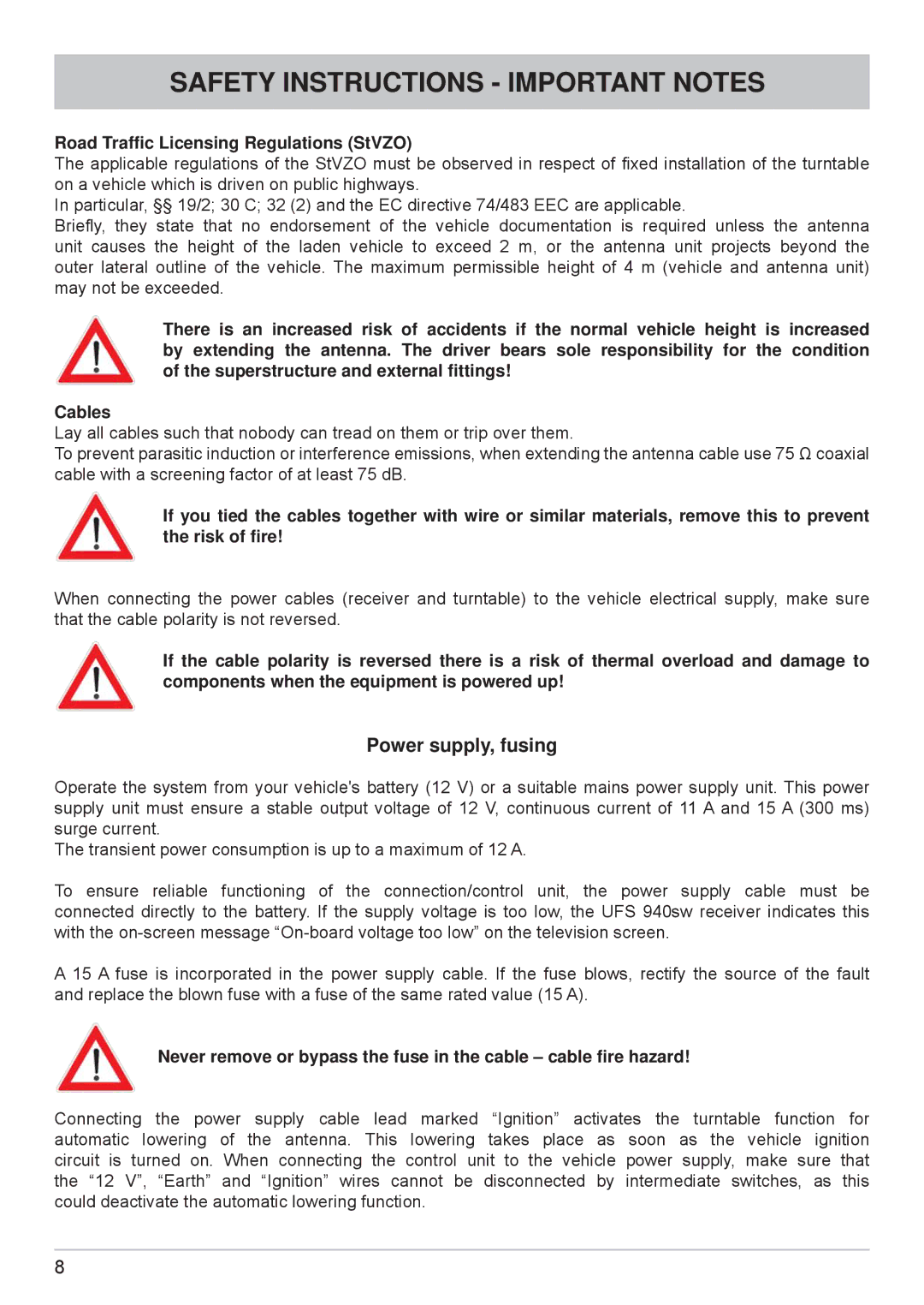 Kathrein cap910 manual Power supply, fusing, Road Trafﬁc Licensing Regulations StVZO 