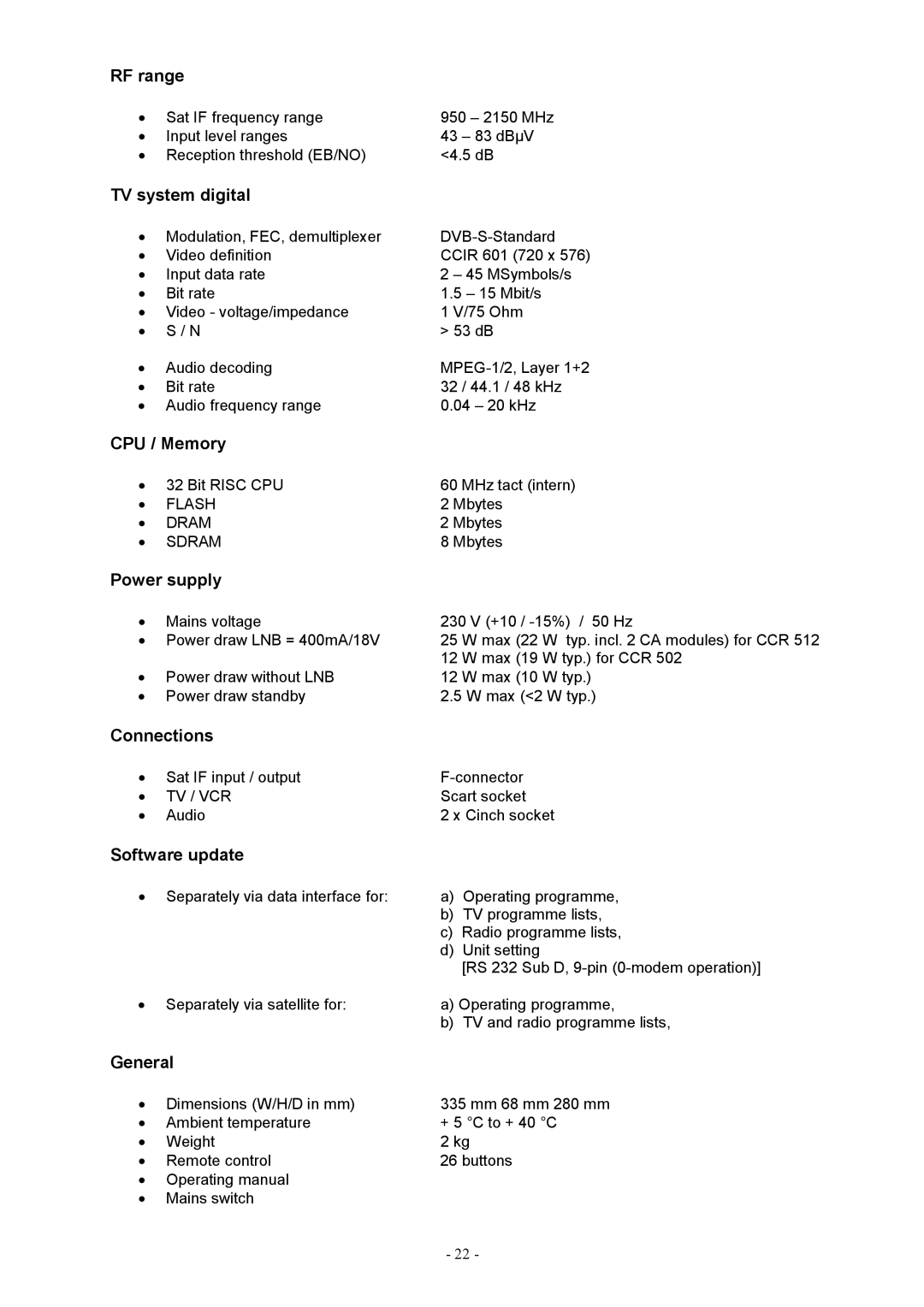 Kathrein CCR 502, CCR 512 RF range, TV system digital, CPU / Memory, Power supply, Connections, Software update, General 