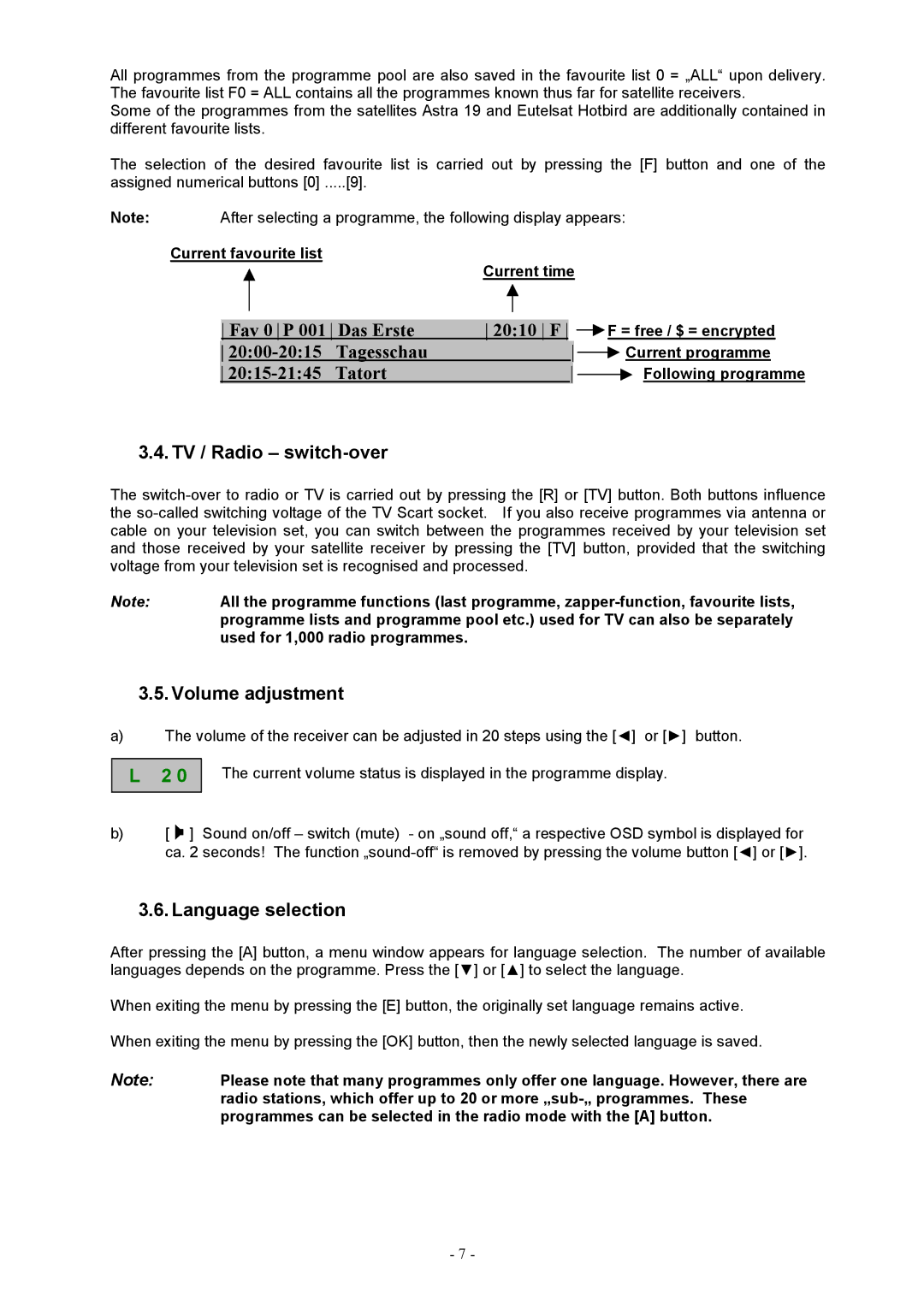 Kathrein CCR 502/S, CCR 512/S manual TV / Radio switch-over, Volume adjustment, Language selection 