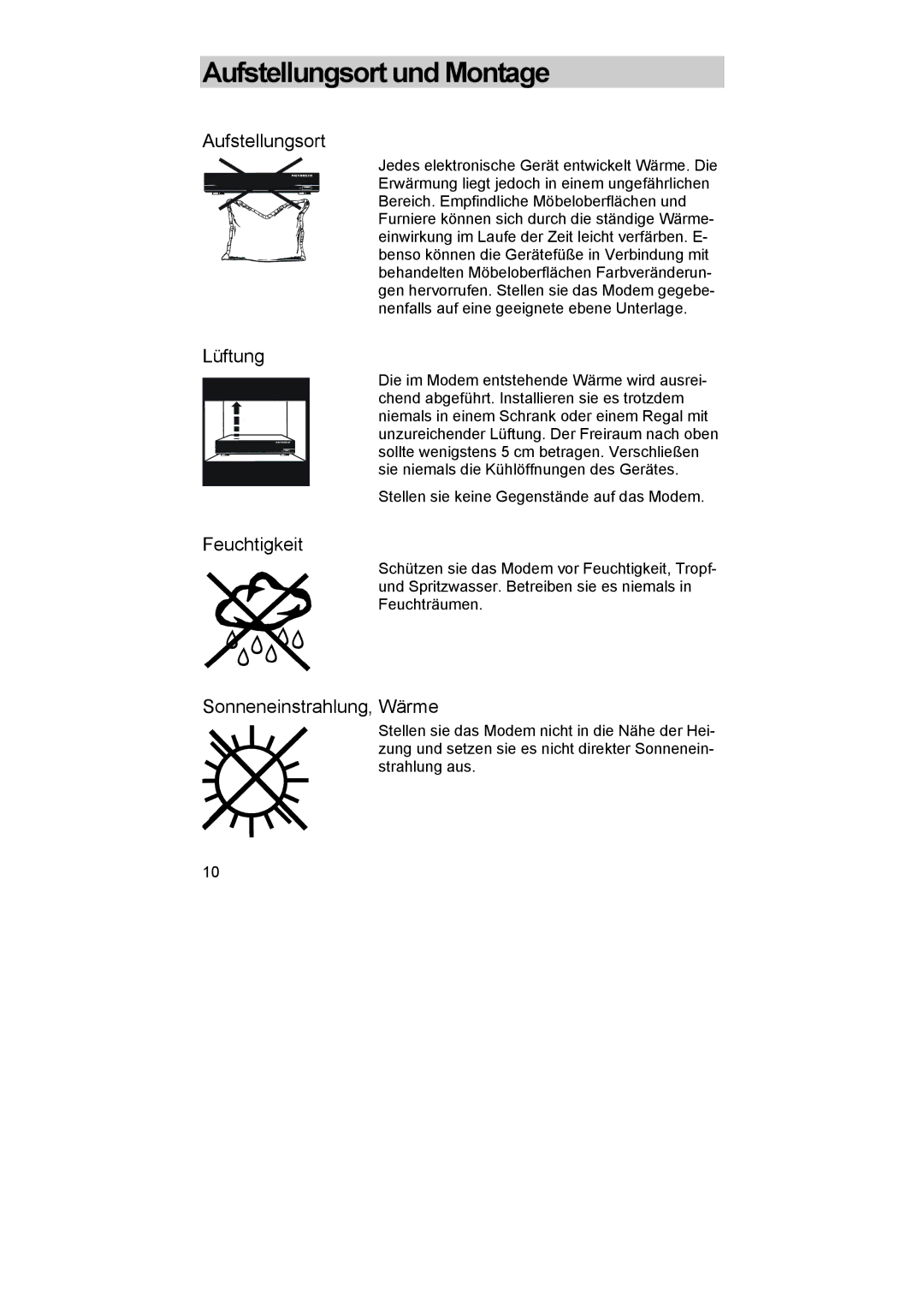 Kathrein DCM 32, DCM 42 I manual Aufstellungsort und Montage, Lüftung, Feuchtigkeit, Sonneneinstrahlung, Wärme 