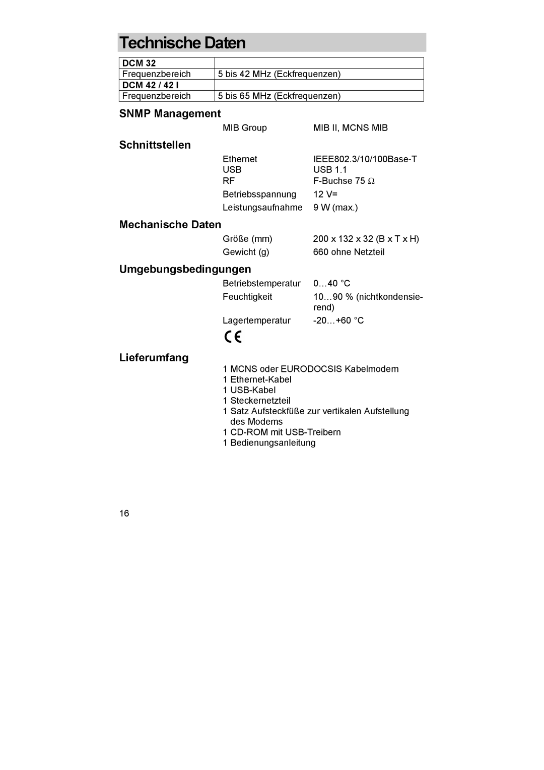 Kathrein DCM 32, DCM 42 I manual Snmp Management, Schnittstellen, Mechanische Daten, Umgebungsbedingungen, Lieferumfang 