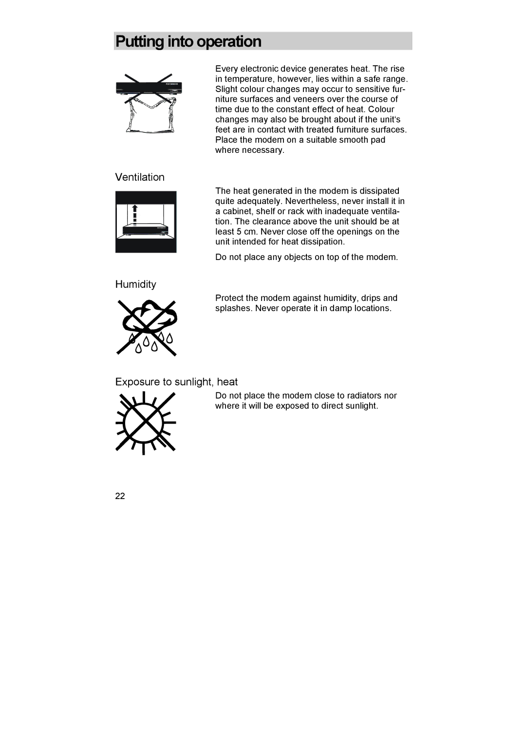 Kathrein DCM 32, DCM 42 I manual Putting into operation, Ventilation, Humidity, Exposure to sunlight, heat 