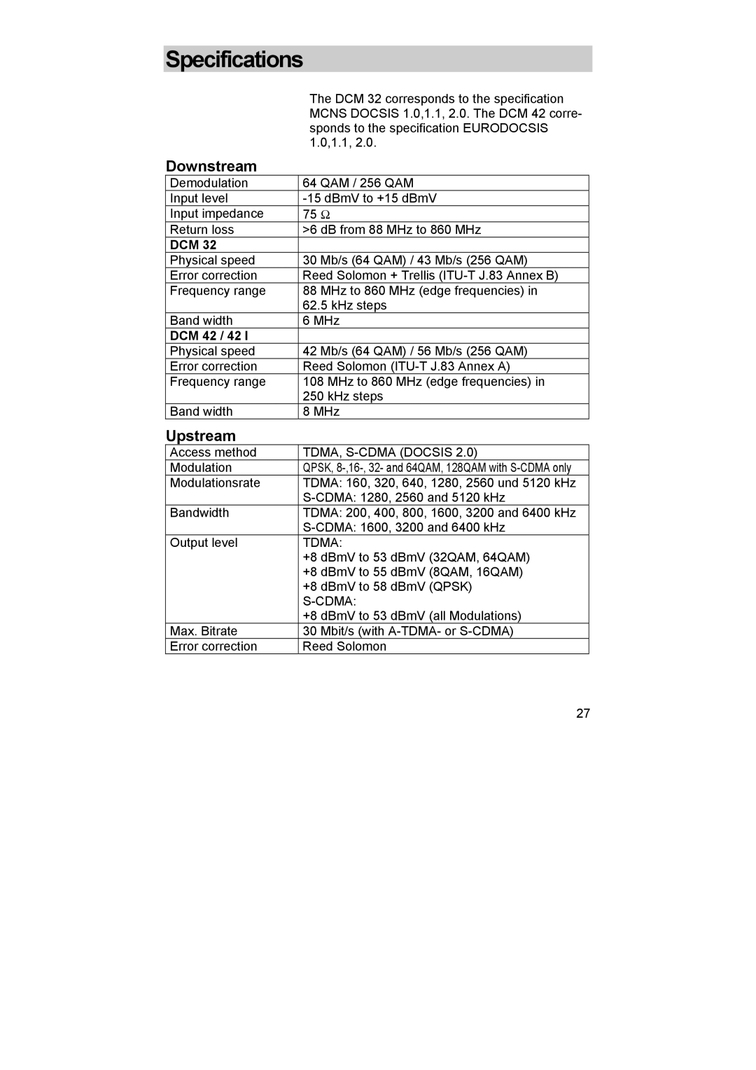 Kathrein DCM 32, DCM 42 I manual Specifications, Downstream 