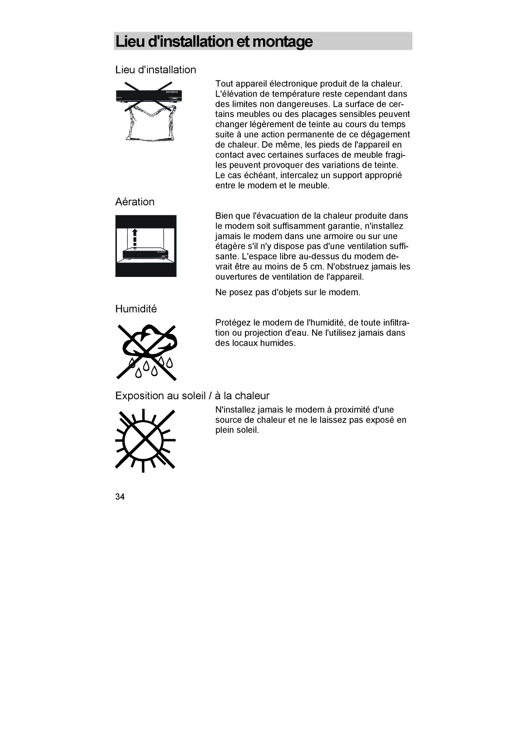 Kathrein DCM 32, DCM 42 I manual Lieu dinstallation et montage, Aération, Humidité, Exposition au soleil / à la chaleur 