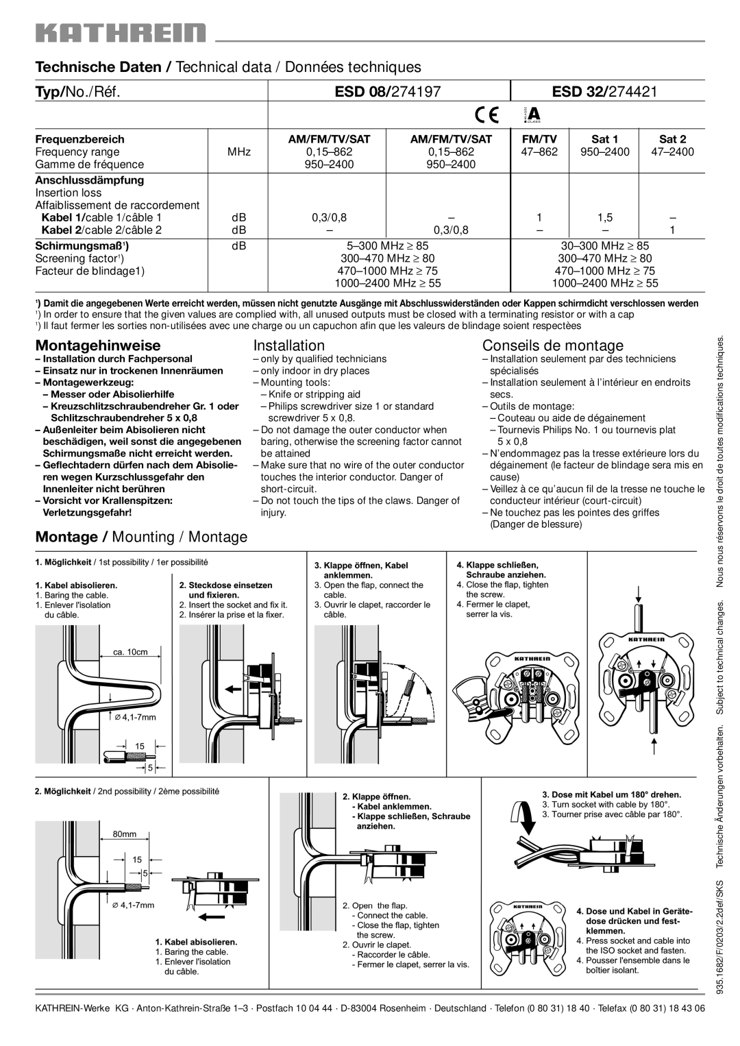 Kathrein ESD 08/274197 ESD 32/274421, Montagehinweise, Installation Conseils de montage, Montage / Mounting / Montage 