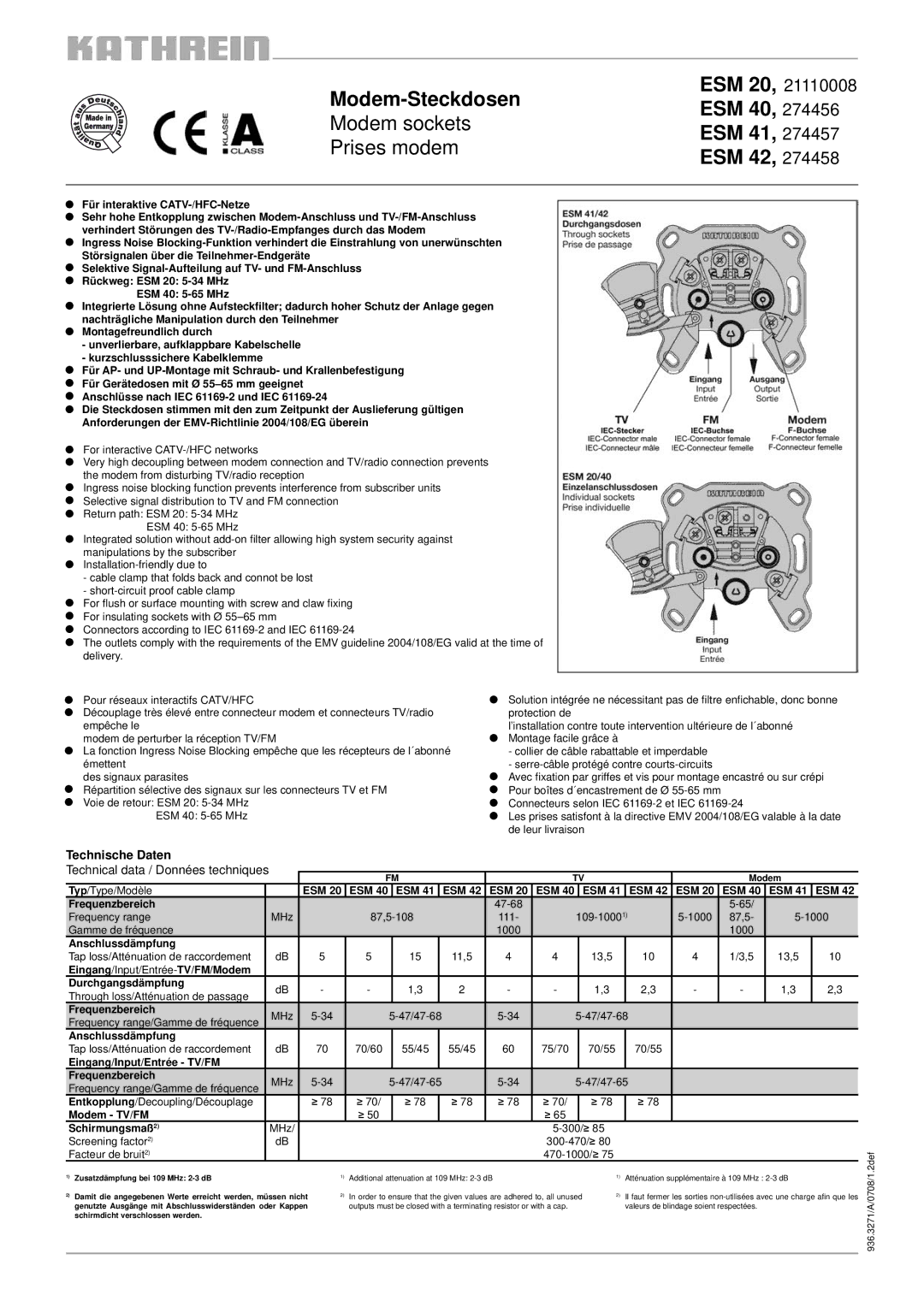 Kathrein manual Modem-Steckdosen Modem sockets Prises modem, ESM 20, 21110008 ESM 40, 274456 ESM 41, 274457 ESM 42 