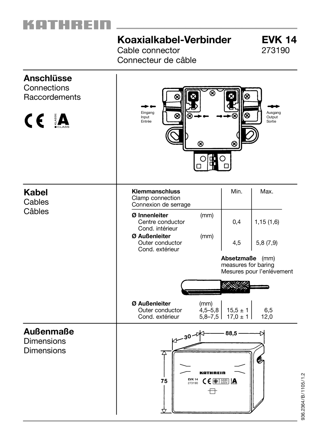 Kathrein EVK 14 dimensions Koaxialkabel-Verbinder EVK, Anschlüsse, Kabel, Außenmaße 