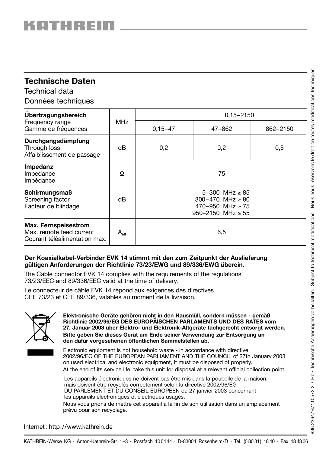 Kathrein EVK 14 dimensions Technische Daten, Technical data Données techniques 