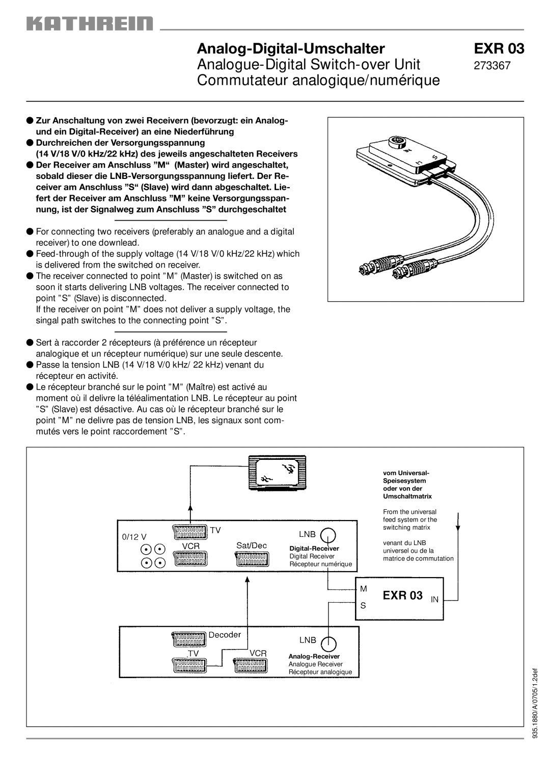 Kathrein 273367 manual Analog-Digital-Umschalter EXR, Analogue-Digital Switch-over Unit, Commutateur analogique/numérique 