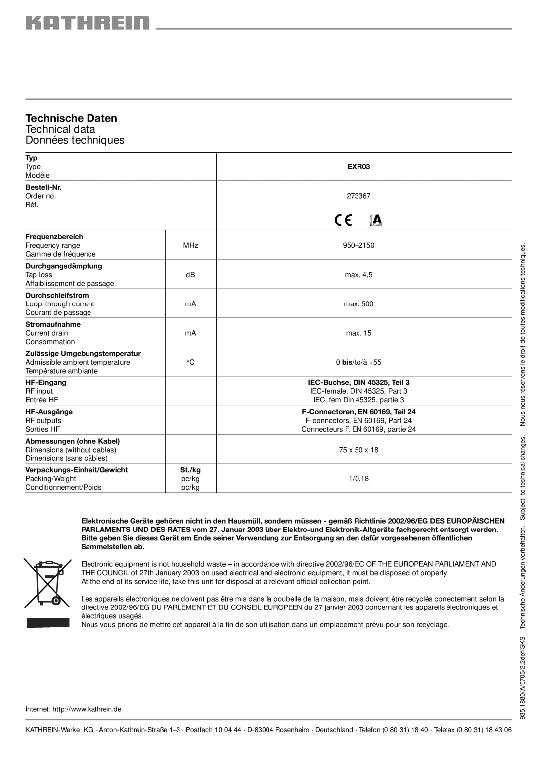 Kathrein EXR 03, 273367 manual Technische Daten, Technical data Données techniques, EXR03 