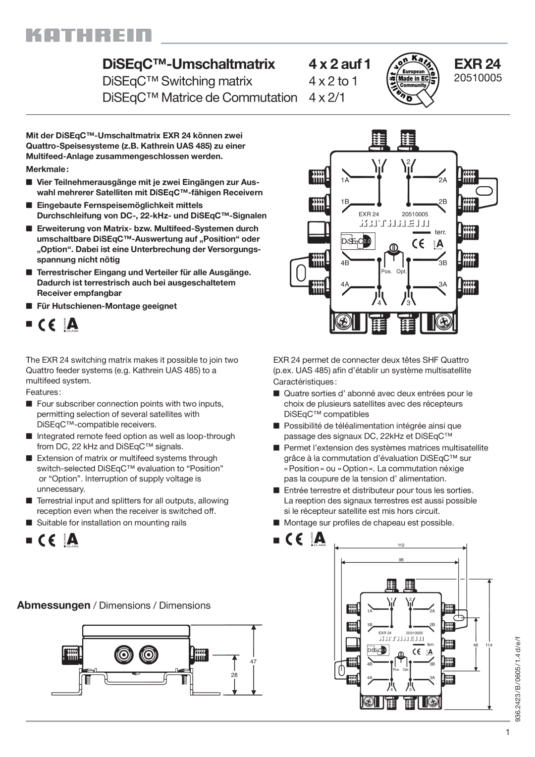 Kathrein EXR 24 dimensions DiSEqC-Umschaltmatrix 2 auf EXR 