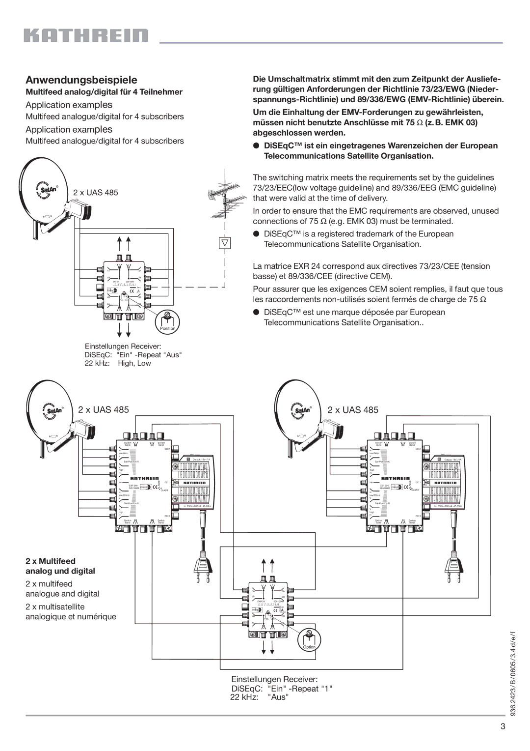 Kathrein EXR 24 dimensions Anwendungsbeispiele, Application examples, Uas, Multifeed analog/digital für 4 Teilnehmer 