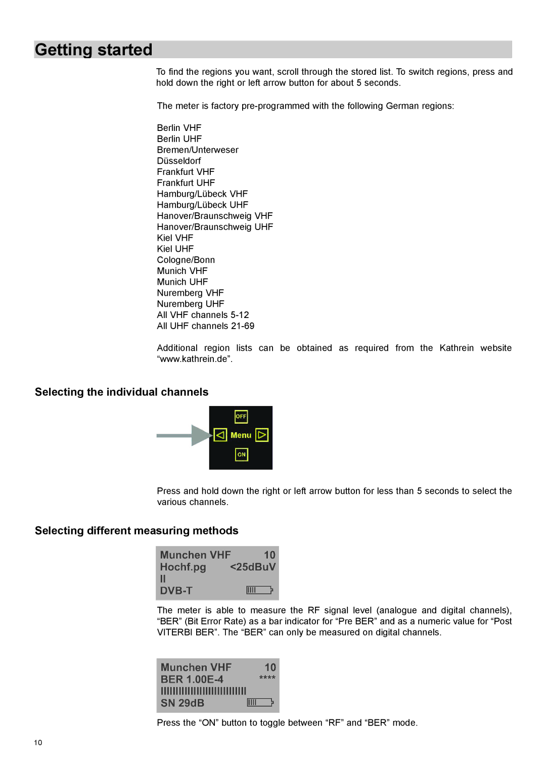 Kathrein MFK 16 manual Selecting the individual channels, Selecting different measuring methods 