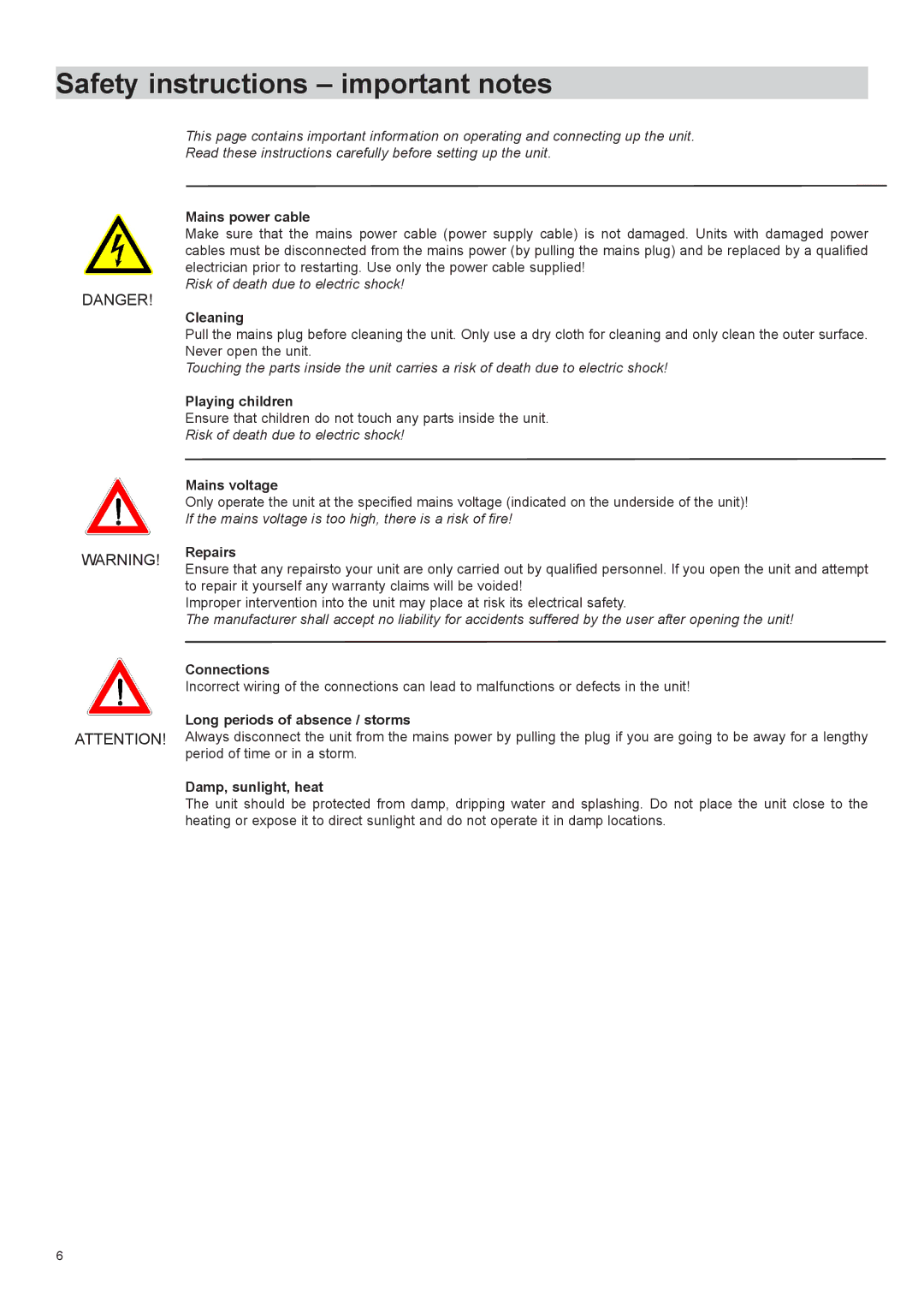 Kathrein MFK 16 manual Safety instructions important notes, Mains power cable 