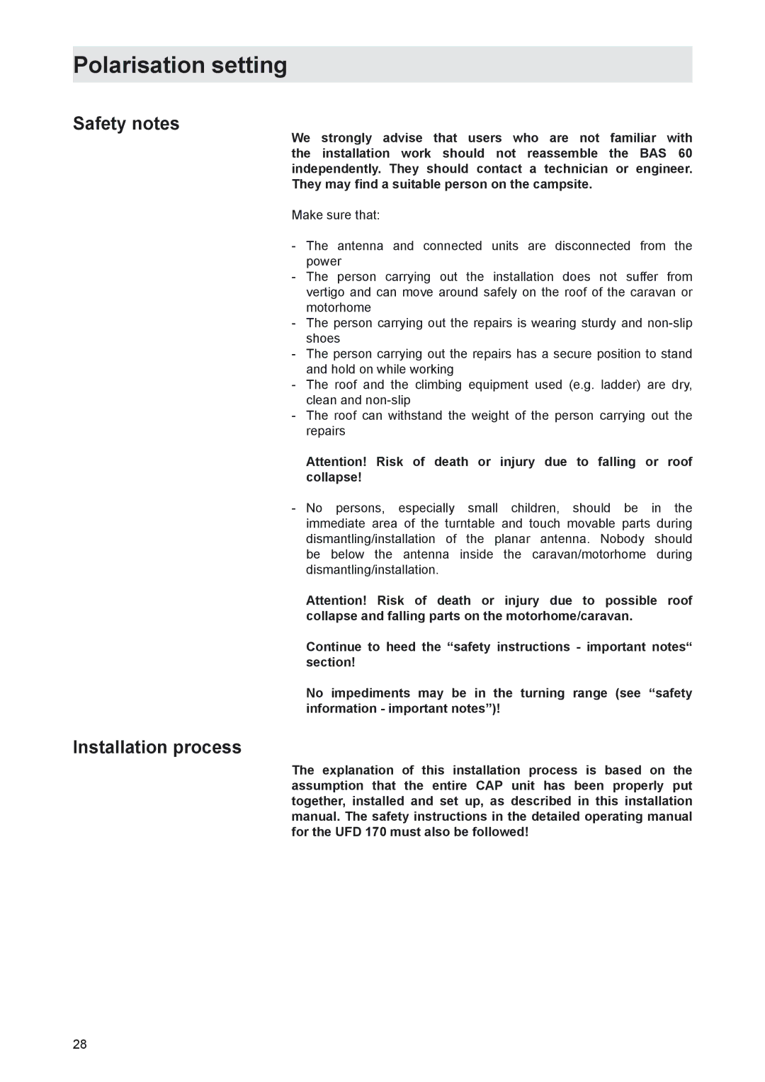 Kathrein MobiSet 3 CAP 310, MobiSet 2 CAP 210 manual Safety notes, Installation process 