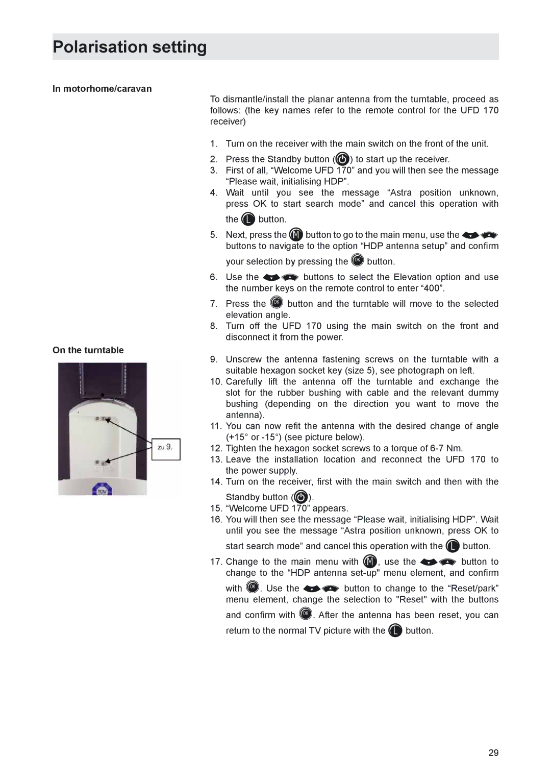 Kathrein MobiSet 3 CAP 310, MobiSet 2 CAP 210 manual Motorhome/caravan, On the turntable 