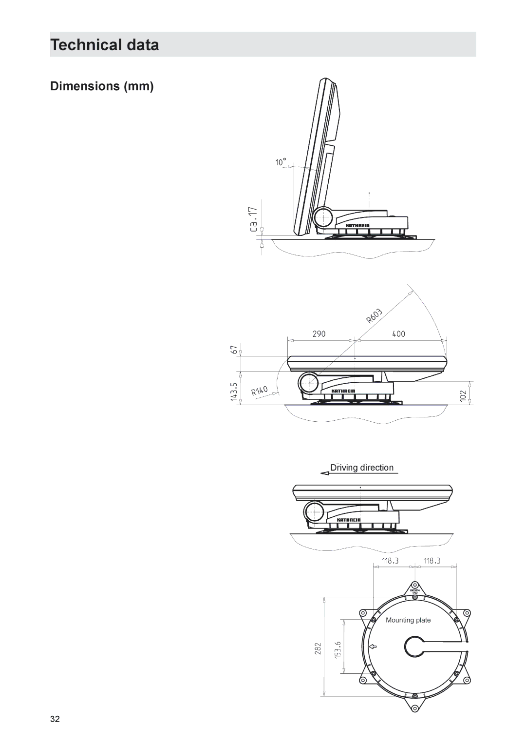 Kathrein MobiSet 3 CAP 310, MobiSet 2 CAP 210 manual Technical data, Dimensions mm 