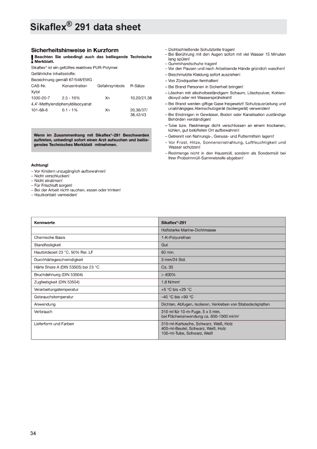 Kathrein MobiSet 2 CAP 210, MobiSet 3 CAP 310 manual Sikaﬂex 291 data sheet 