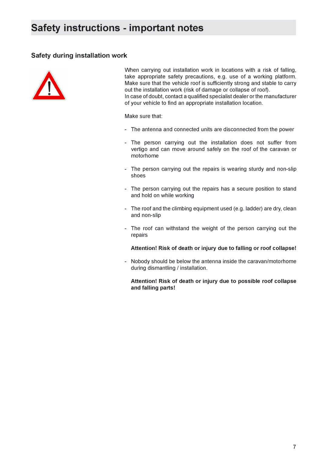 Kathrein MobiSet 3 CAP 310, MobiSet 2 CAP 210 manual Safety instructions important notes, Safety during installation work 