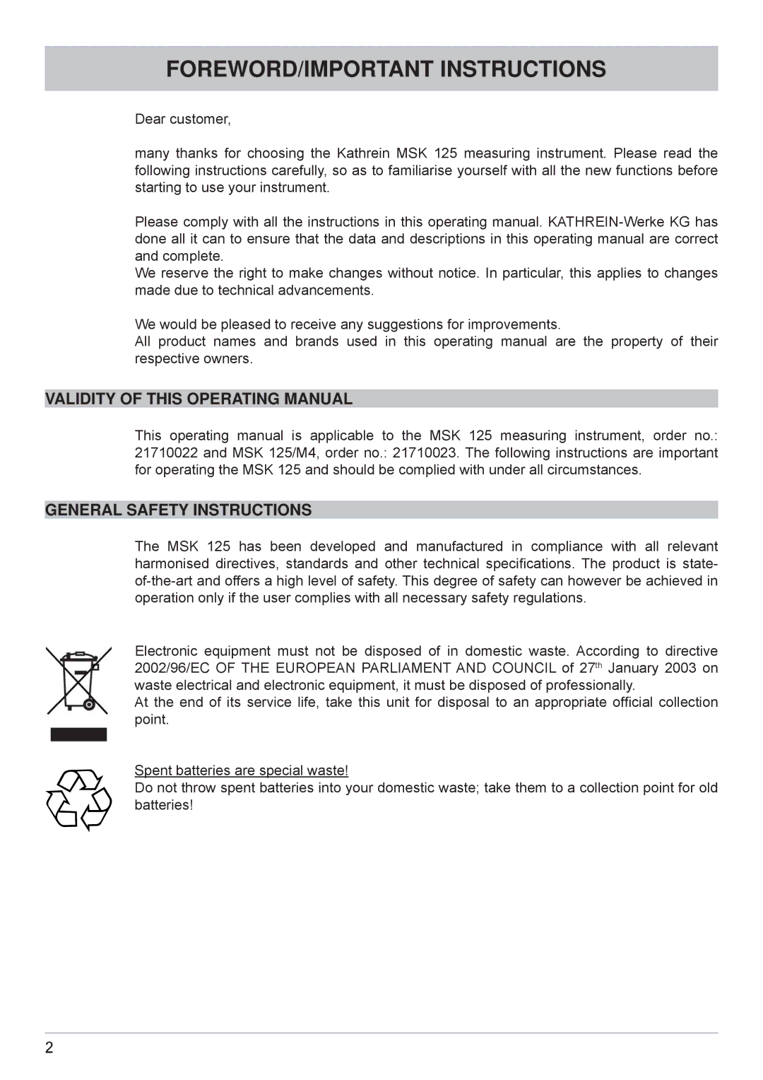 Kathrein MSK 125 manual FOREWORD/IMPORTANT Instructions, Validity of this Operating Manual, General Safety Instructions 