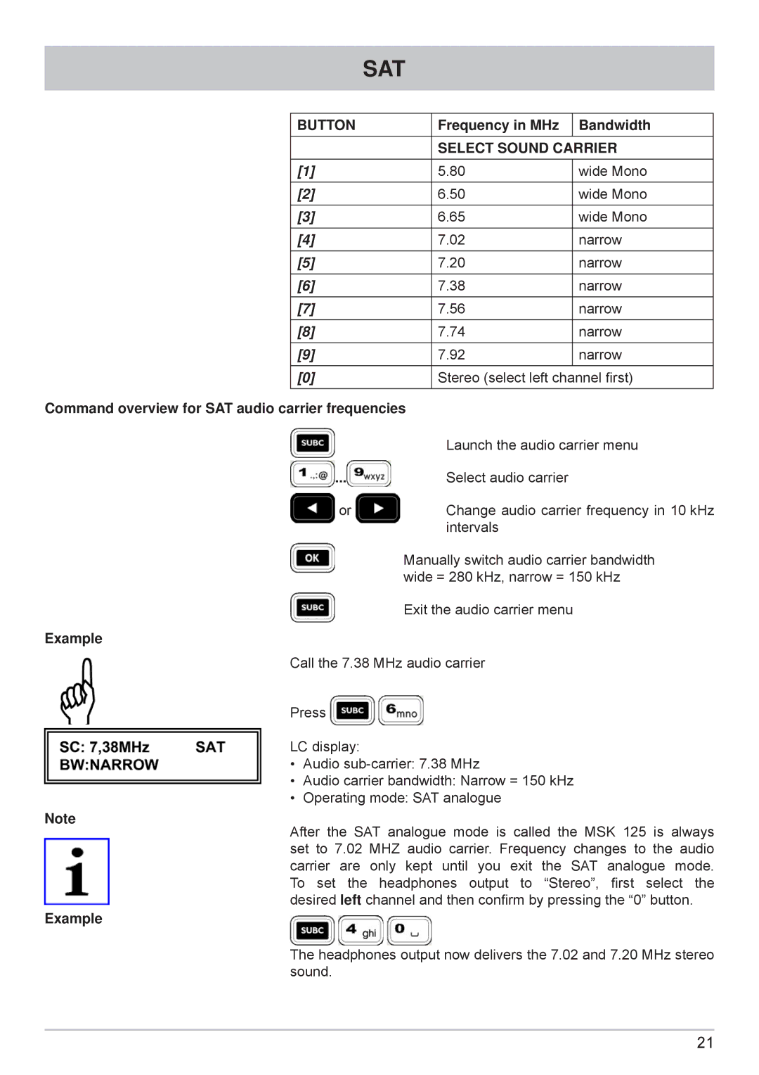 Kathrein MSK 125 manual Frequency in MHz Bandwidth, Select Sound Carrier 