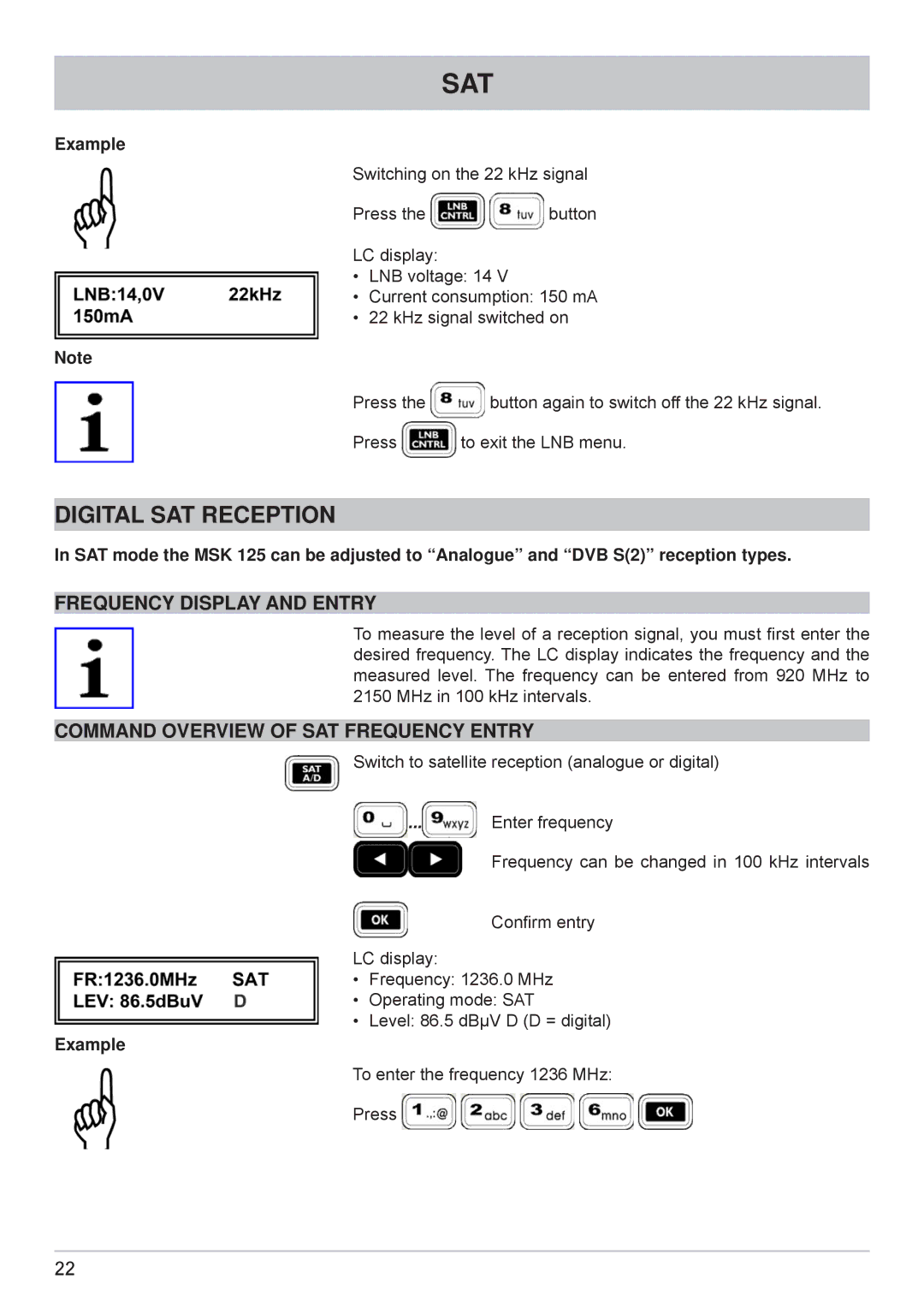 Kathrein MSK 125 manual Digital SAT Reception, Frequency Display and Entry 