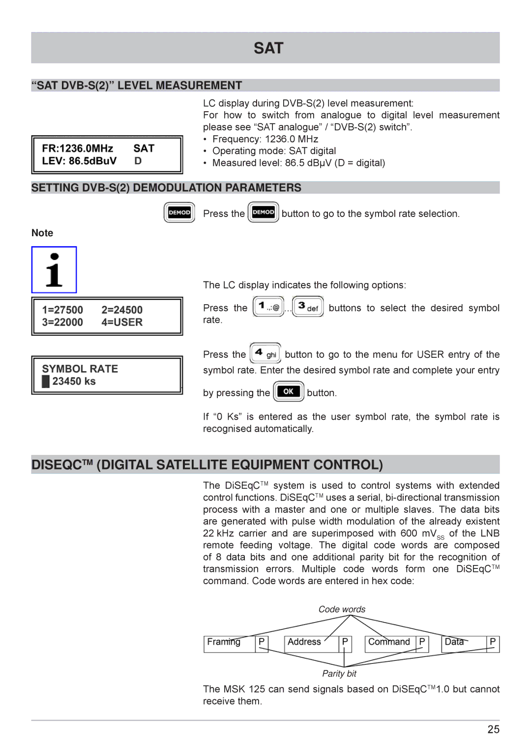 Kathrein MSK 125 manual Diseqctm Digital Satellite Equipment Control, SAT DVB-S2 Level Measurement 