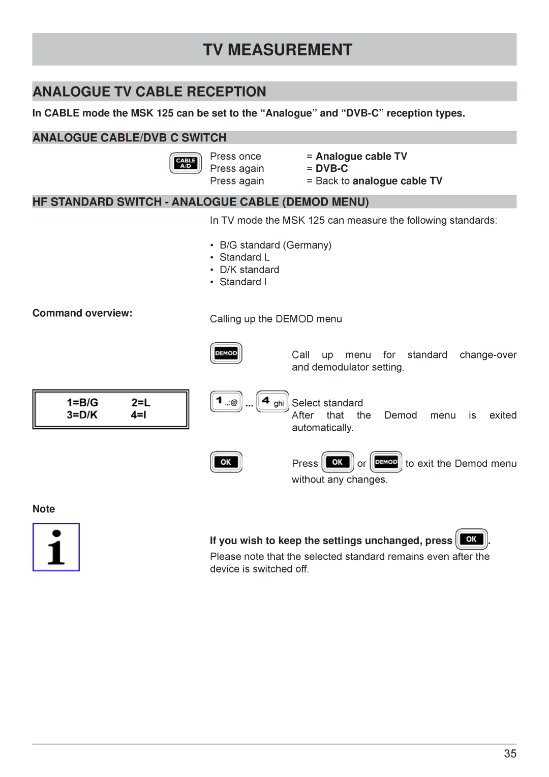 Kathrein MSK 125 manual TV Measurement, Analogue TV Cable Reception, Analogue CABLE/DVB C Switch 