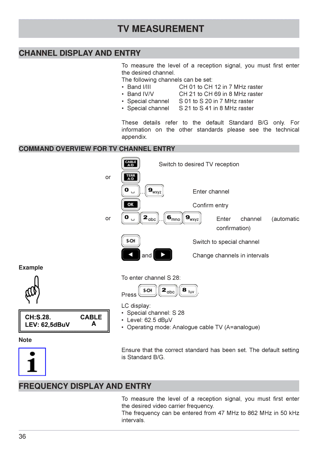 Kathrein MSK 125 manual Channel Display and Entry, Frequency Display and Entry, Command Overview for TV Channel Entry 