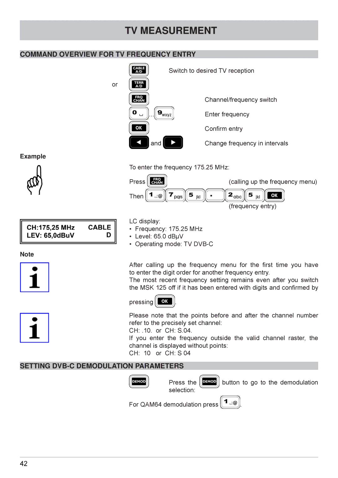 Kathrein MSK 125 manual Command Overview for TV Frequency Entry, Setting DVB-C Demodulation Parameters 