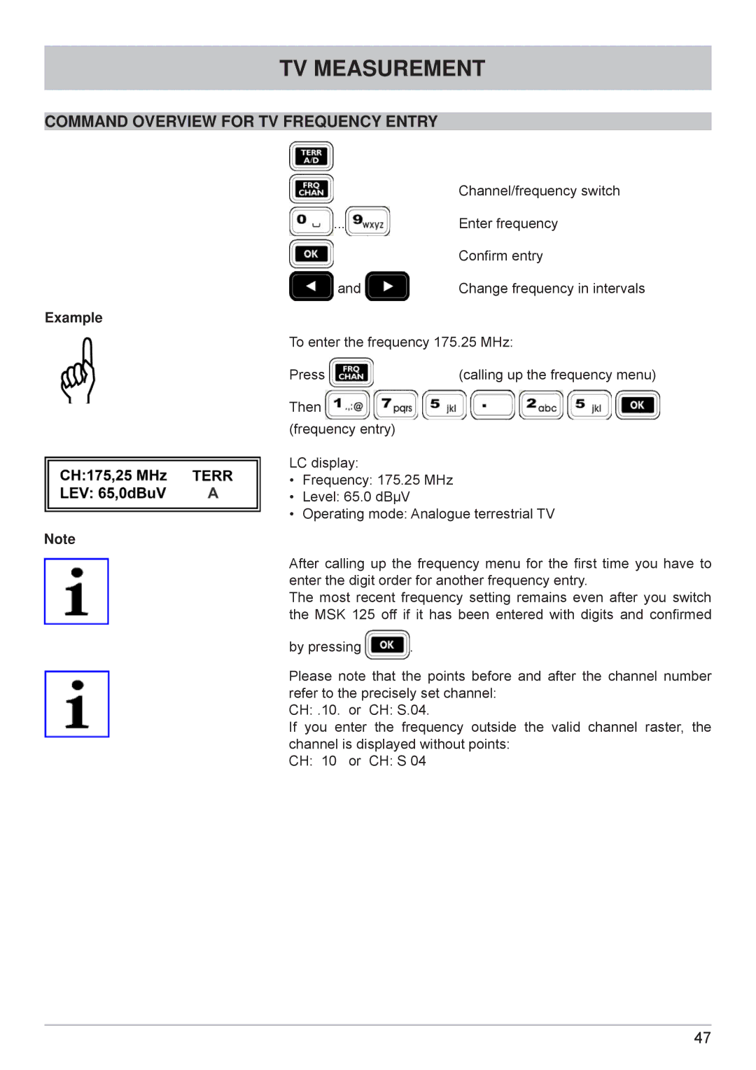 Kathrein MSK 125 manual Command Overview for TV Frequency Entry 